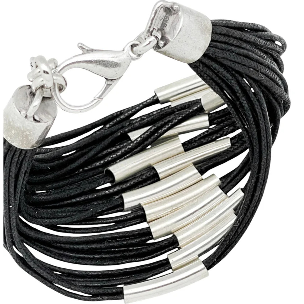 Pulsera Multitubo cordones en negro y plata chapado