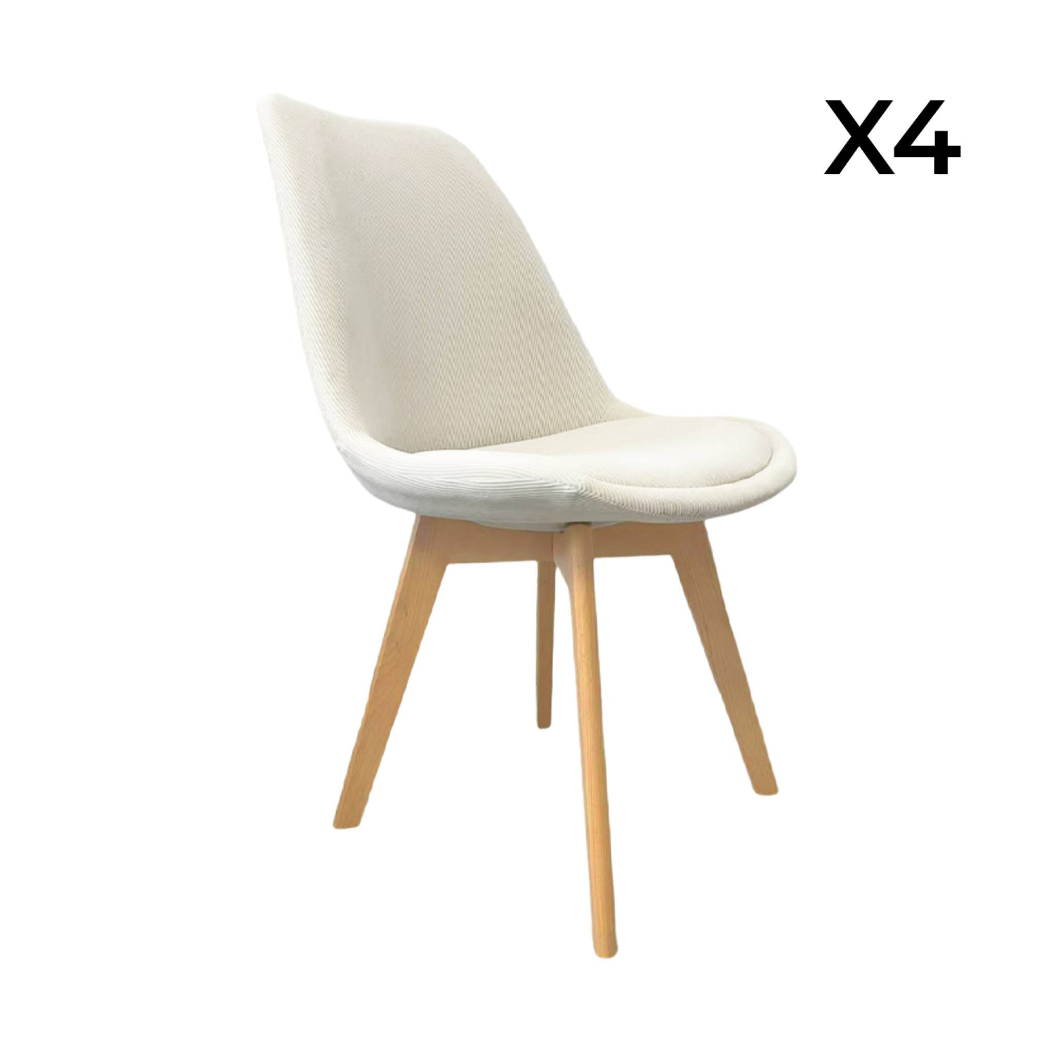 Lot de 4 chaises scandinaves revêtement velours côtelé blanc cassé. pieds bois de hêtre - Nils