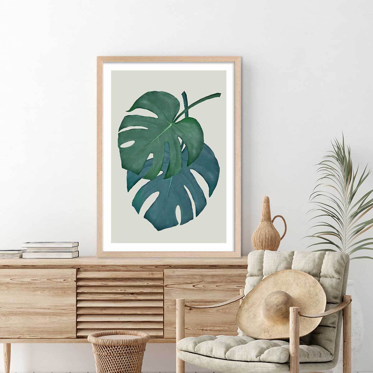 Affiche Monstera turquoise Affiche + cadre en bois - Chêne