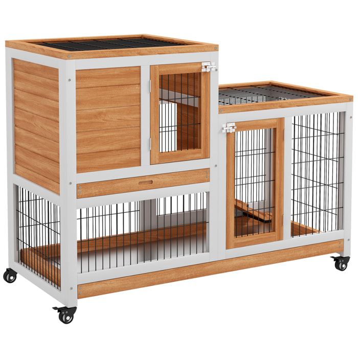 Conejera de Madera de 2 Niveles Jaula para Conejos con Ruedas Puertas Zona Abierta Rampa y 2 Bandejas Extraíbles Conejera para Interior 110x50x88 cm Natural y Blanco