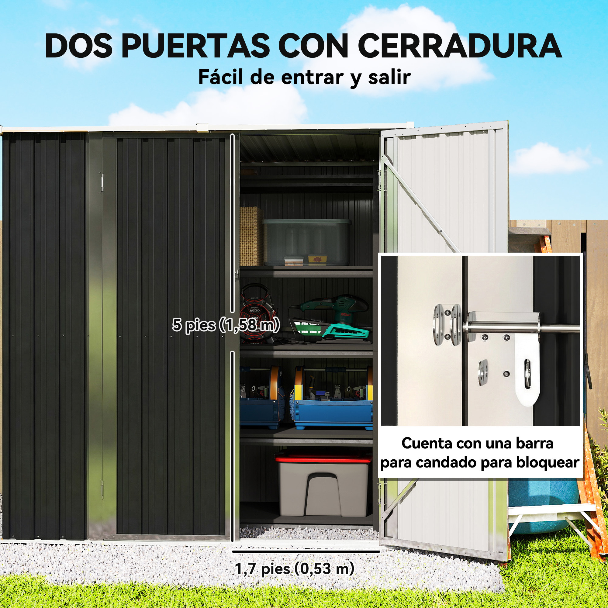 Caseta de Jardín Exterior 1,37 m², 163x89x163 cm, Cobertizo de Jardín Exterior Metálico con Techo Inclinado, Puertas con Pestillo y Guantes para Almacenamiento de Herramientas, Gris Oscuro