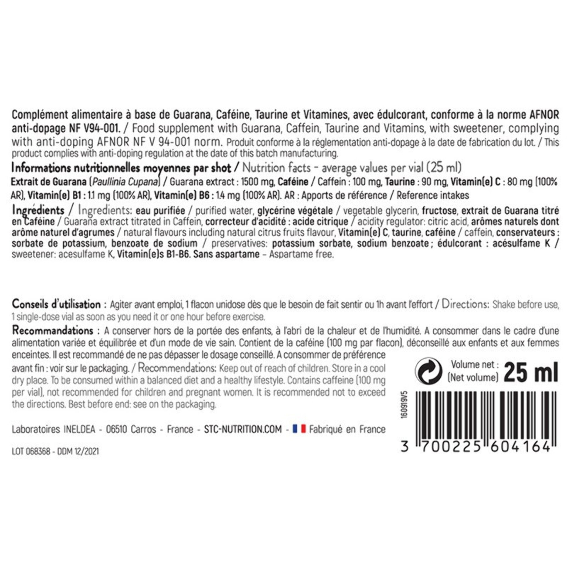 STC NUTRITION - Guarana Shot - Complément alimentaire à base de Guarana, Caféine, Taurine et vitamines - Aide à réduire la fatigue et améliorer la concentration - flacon unidose