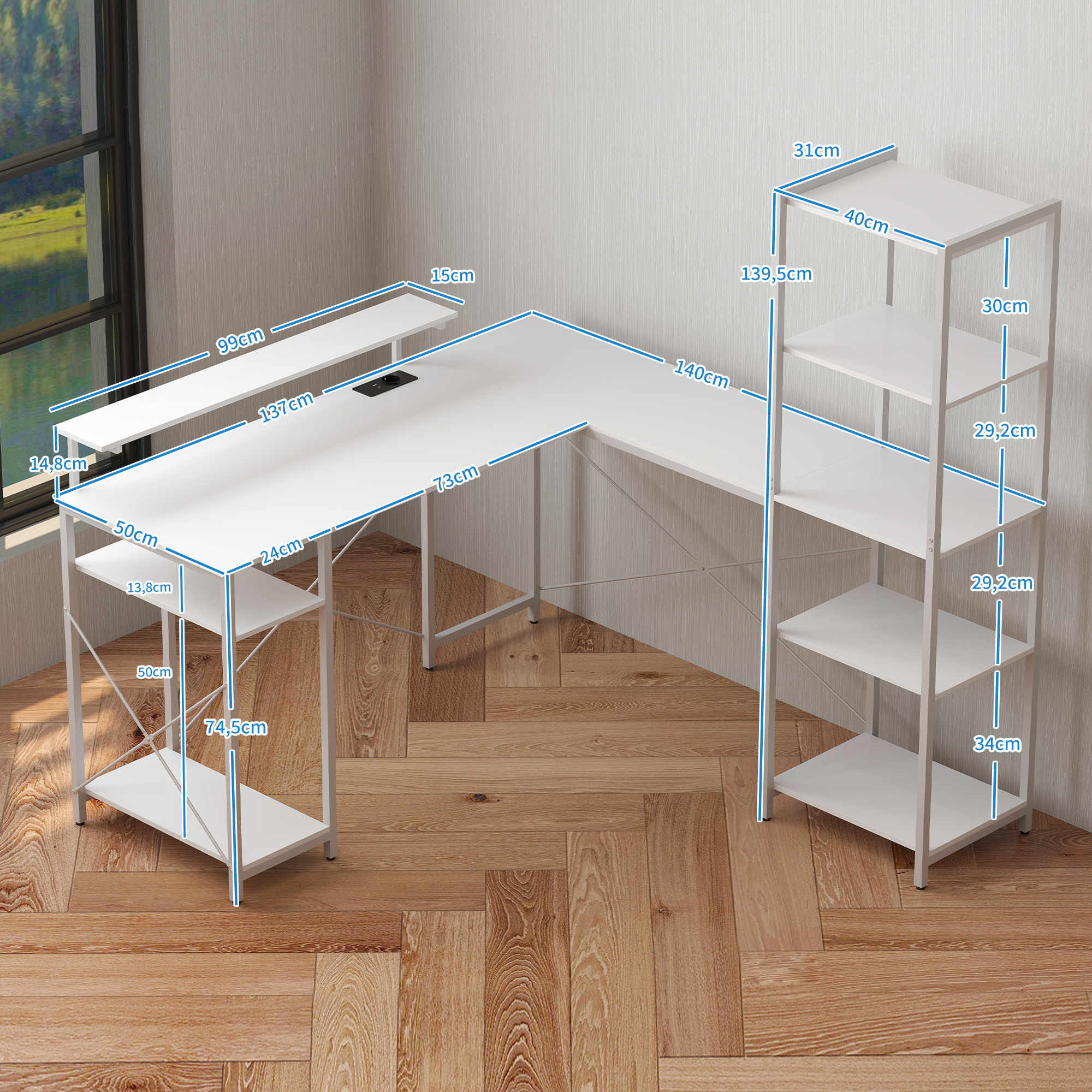 Bureau d'angle design contemporain multi-rangement - prise intégrée - métal panneaux blanc