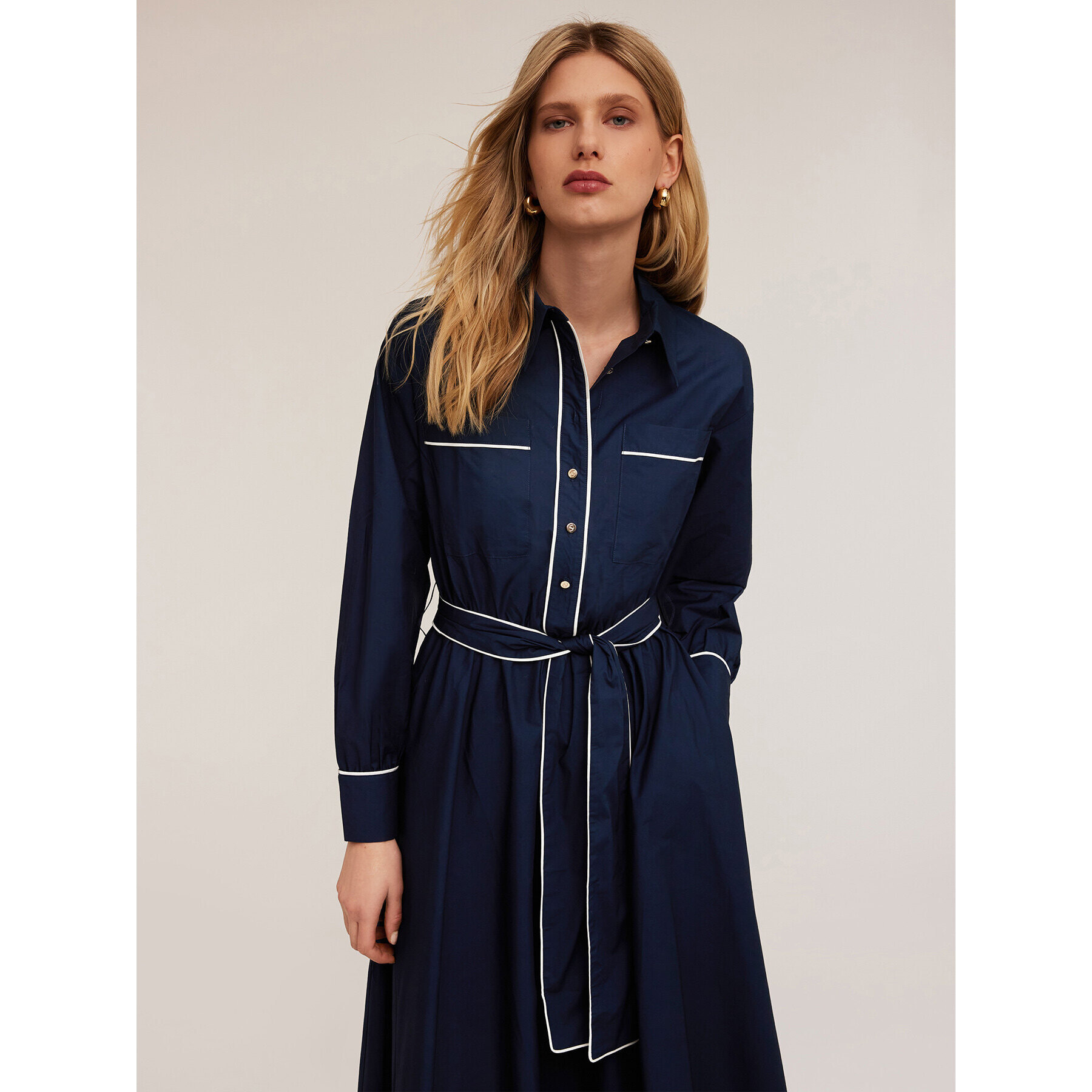 Motivi - Vestido camisero de popelina con perfiles - Azul