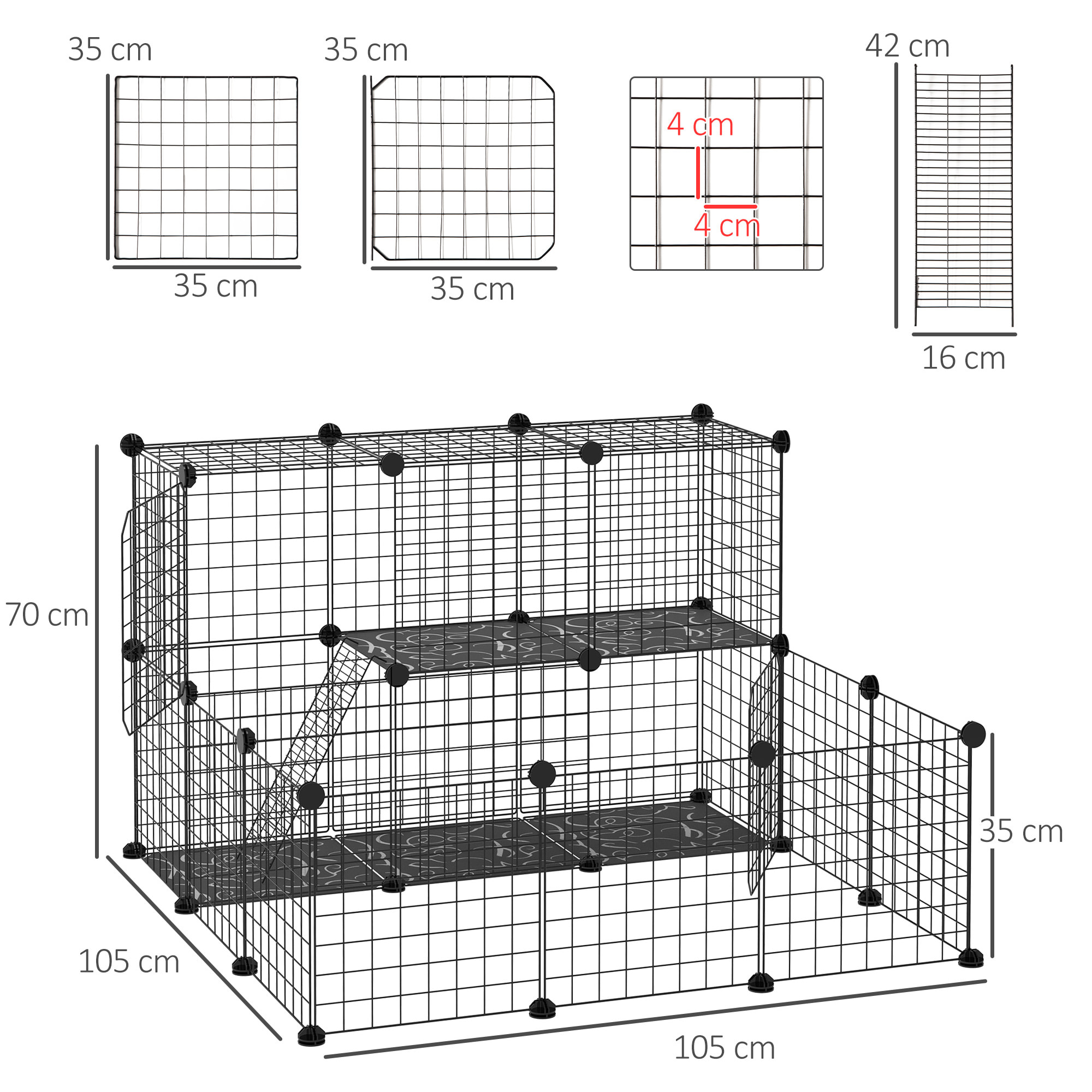 Valla para Animales Pequeños DIY de 24 Paneles para Cobayas Conejos 105x105x70cm