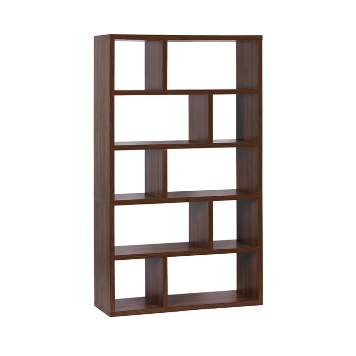 Etagère bibliothèque asymétrique 5 niveaux 10 compartiments. casiers. effet bois de noyer. L 111.2 x P 39 x H 190cm