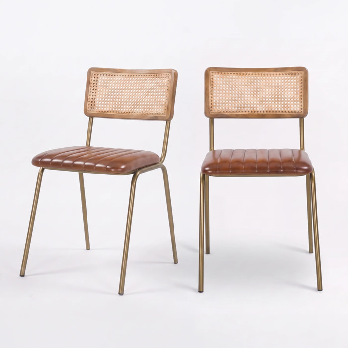 Lot de 2 chaises en cannage et cuir marron - Arsène