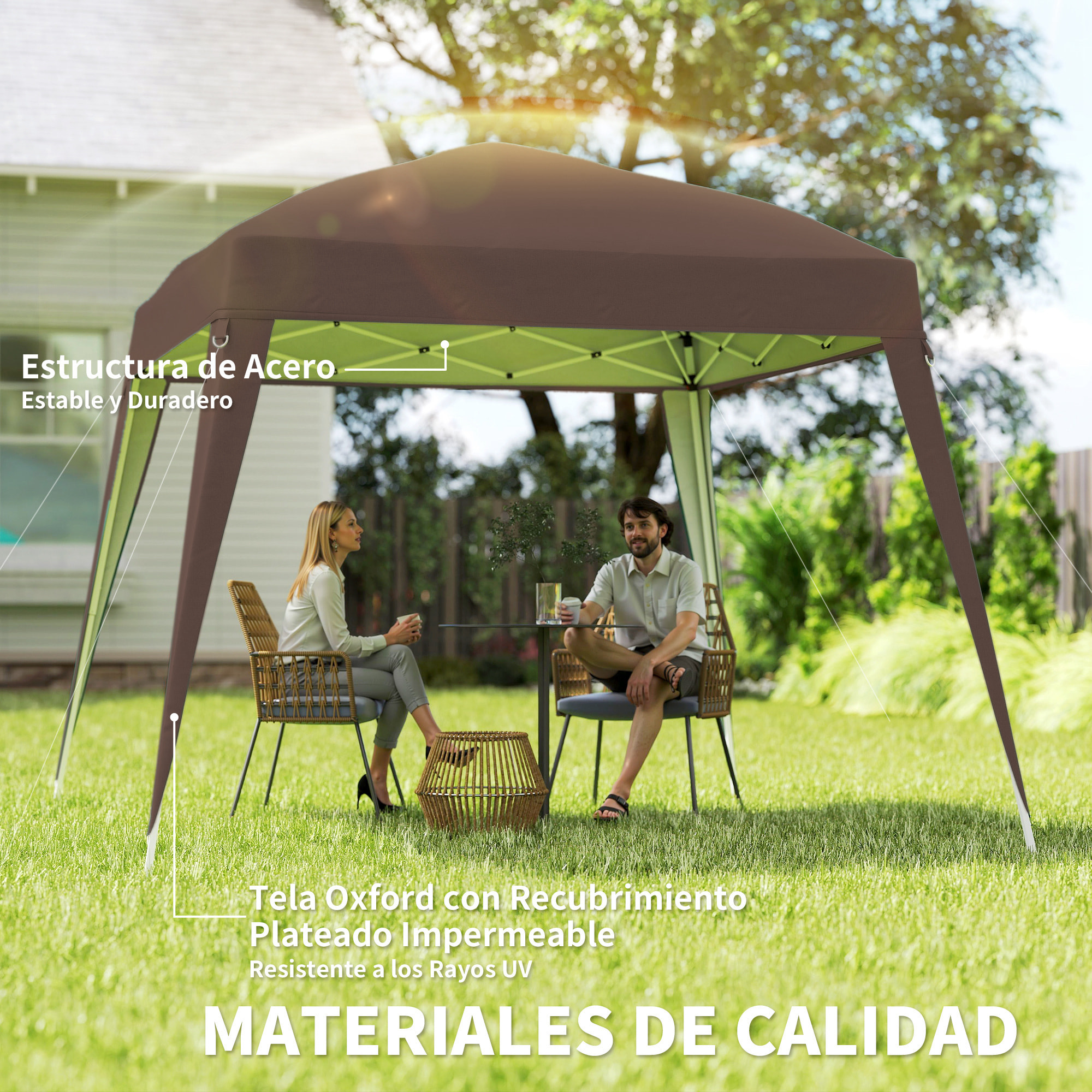 Carpa Plegable 3x3 m, Pop-up, Cenador Pabellón de Jardín, Altura Ajustable con Bolsa de Transporte, Anti-UV, Impermeable, Gazebo para Camping, Fiestas, Exterior, Café