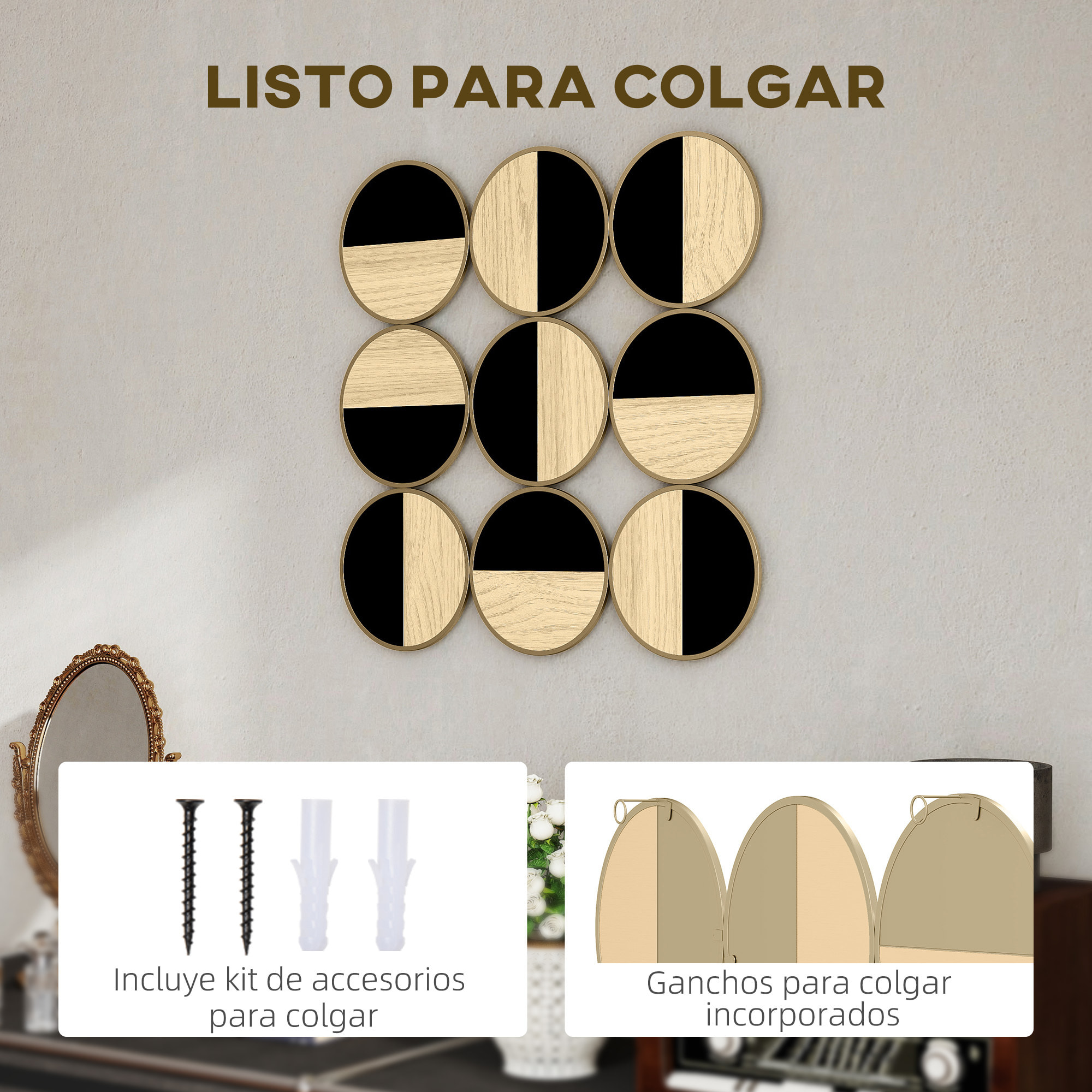 Cuadro Decorativo de Pared Geométrico, Adorno Moderno 3D de 60x60 cm, Escultura de Pared con Espejo de Plástico, Marco Metálico, para Salón, Dormitorio, Pasillo, Negro y Madera Natural