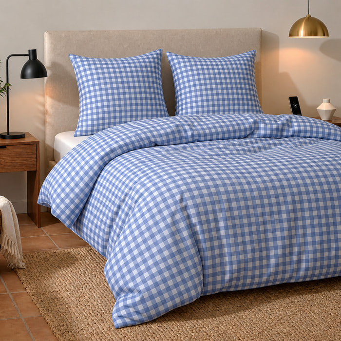 Parure housse de couette 240x220 cm imprimée vichy bleu + 2 taies 100% Coton - CELESTIN