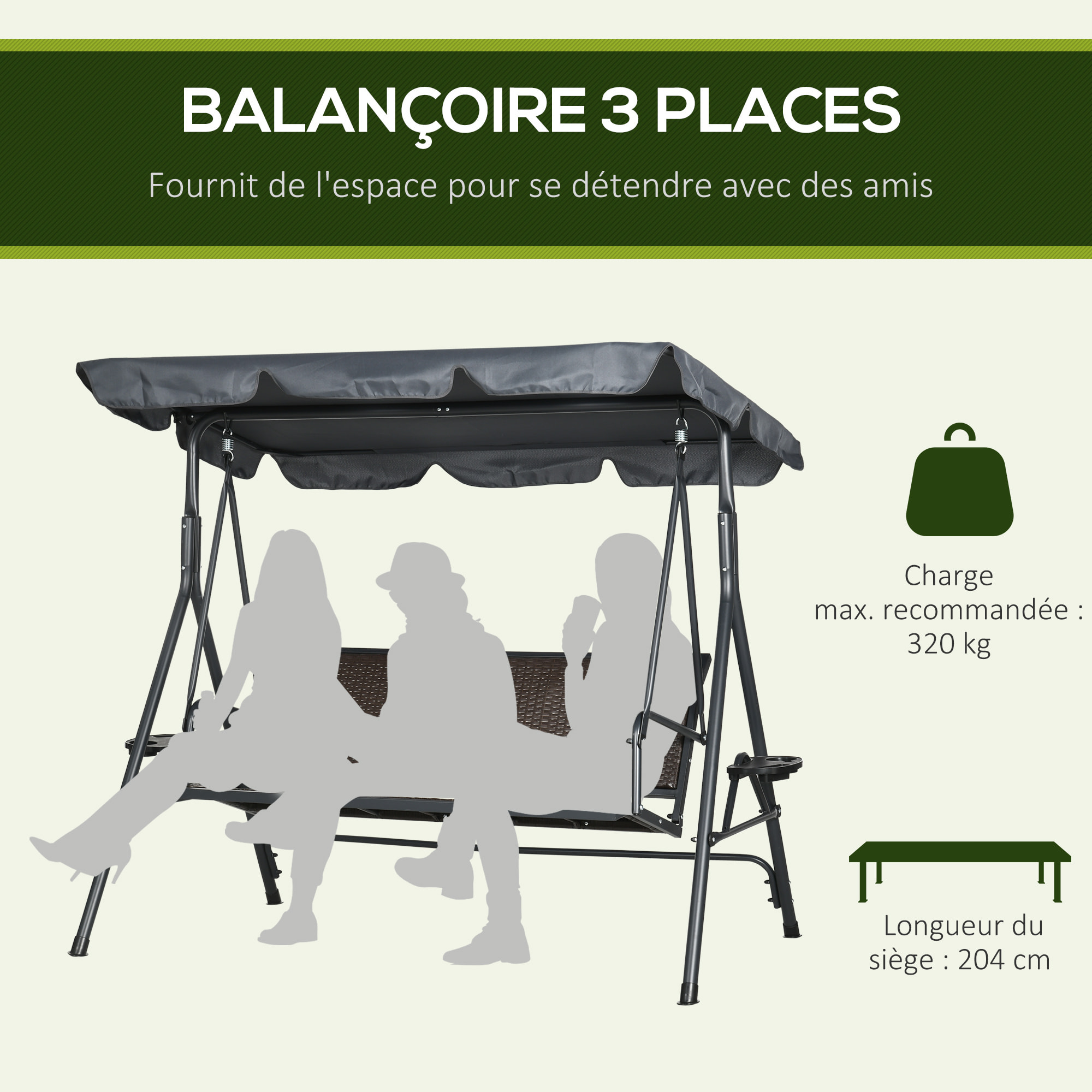 Balancelle de jardin 3 places - auvent réglable, plateaux porte-gobelets - résine tressée PE brun acier polyester gris