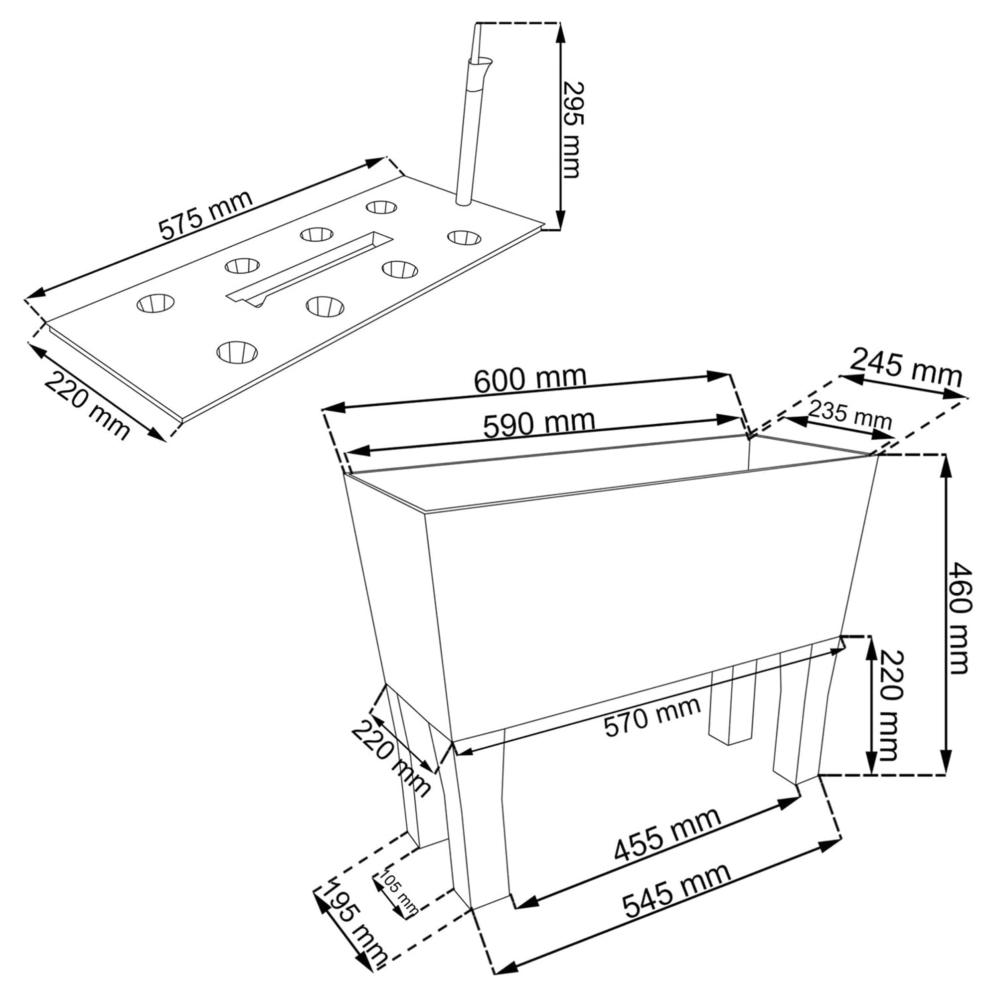 Jardinera alta rectangular 30 litros con autorriego color antracita 60 x 25 x 46 cm con patas