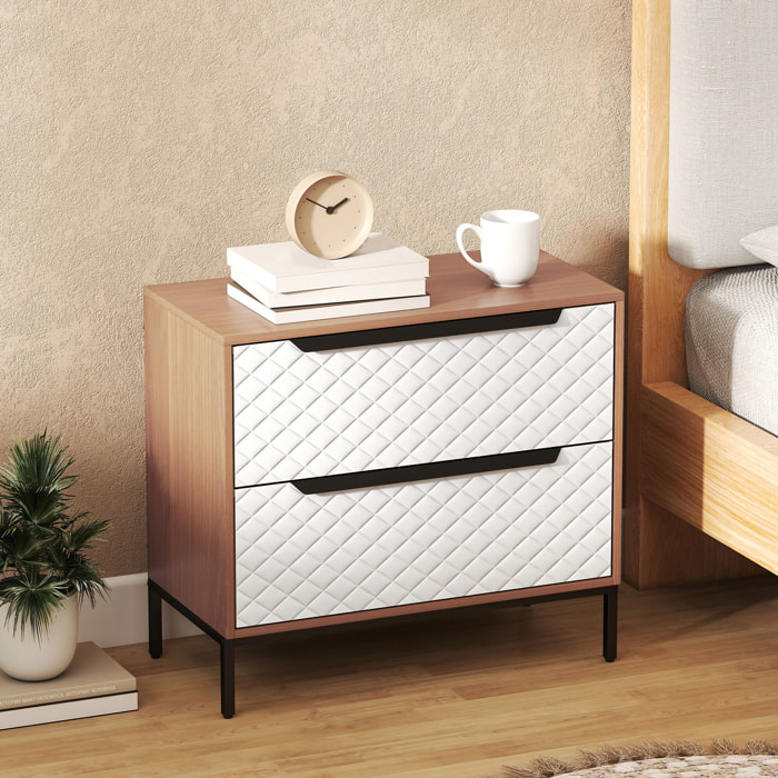 Cómoda con 2 Cajones de Tela, Cómoda para Dormitorio, Frentes con Patrón de Diamante, Cajonera para Salón, Oficina, Vestidor, Natural y Blanco