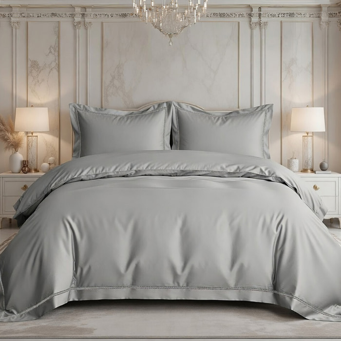 Parure housse de couette satin coton 120 fils brodé unie gris perle