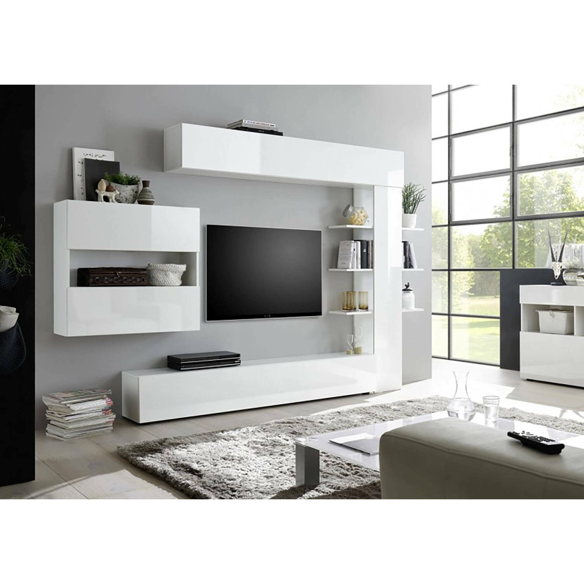 Parete attrezzata Aragosta, Composizione soggiorno, Mobile salotto multiuso, Armadio porta TV, Made in Italy, 295x30 h187 cm, Bianco lucido e Bianco