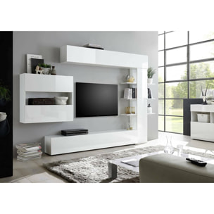 Parete attrezzata Aragosta, Composizione soggiorno, Mobile salotto multiuso, Armadio porta TV, Made in Italy, 295x30 h187 cm, Bianco lucido e Bianco