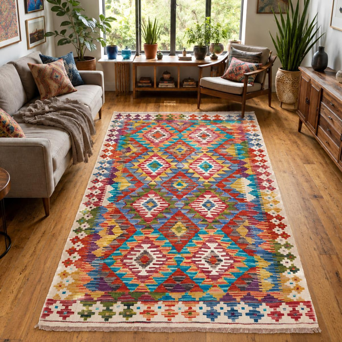 Tapis kilim à motif géométrique, tissé plat en laine, SILUPUV