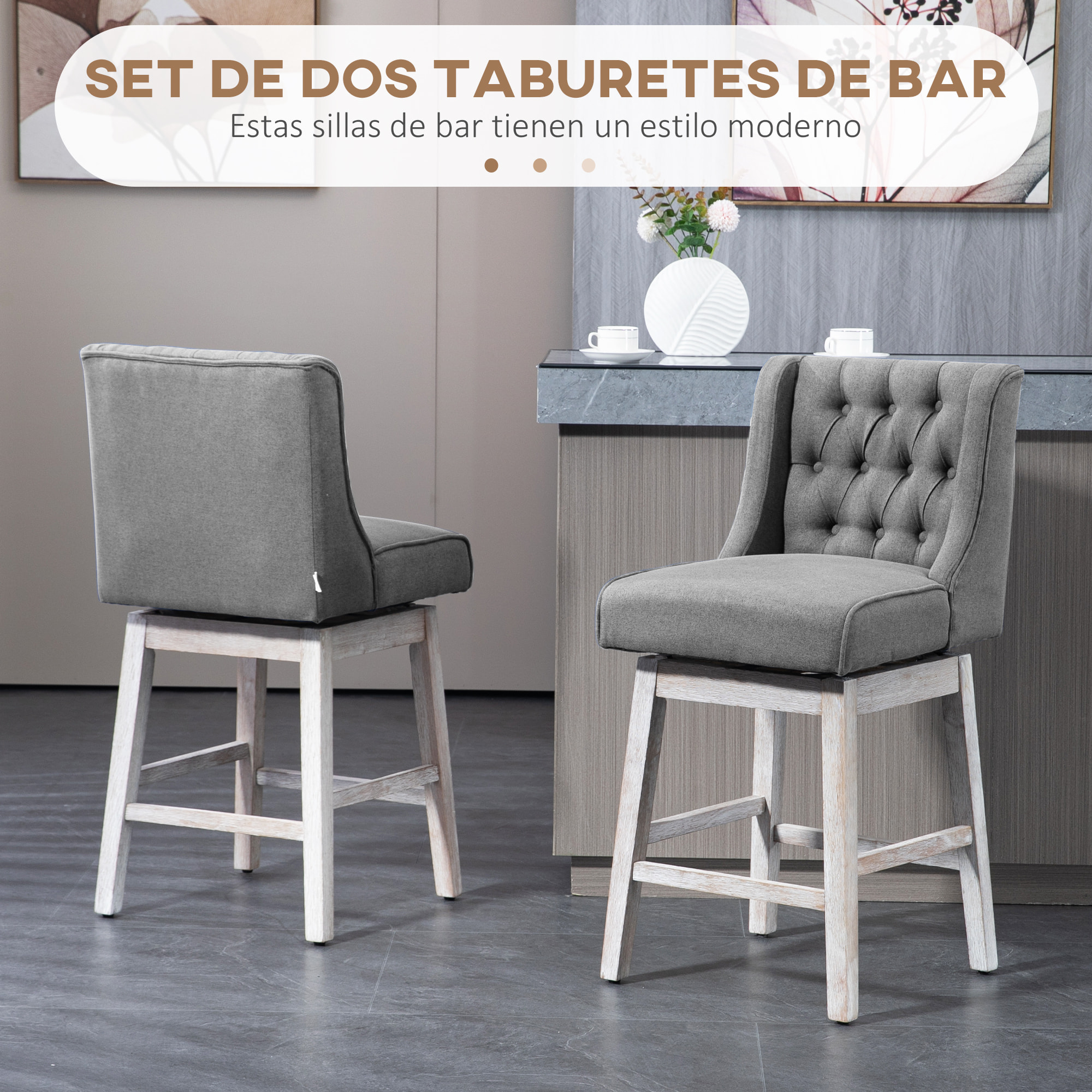Juego de 2 Taburetes de Bar con Respaldo, Giratorios 180°, Taburetes Altos de Cocina con Reposapiés, Patas de Madera, para Salón, Comedor, Gris