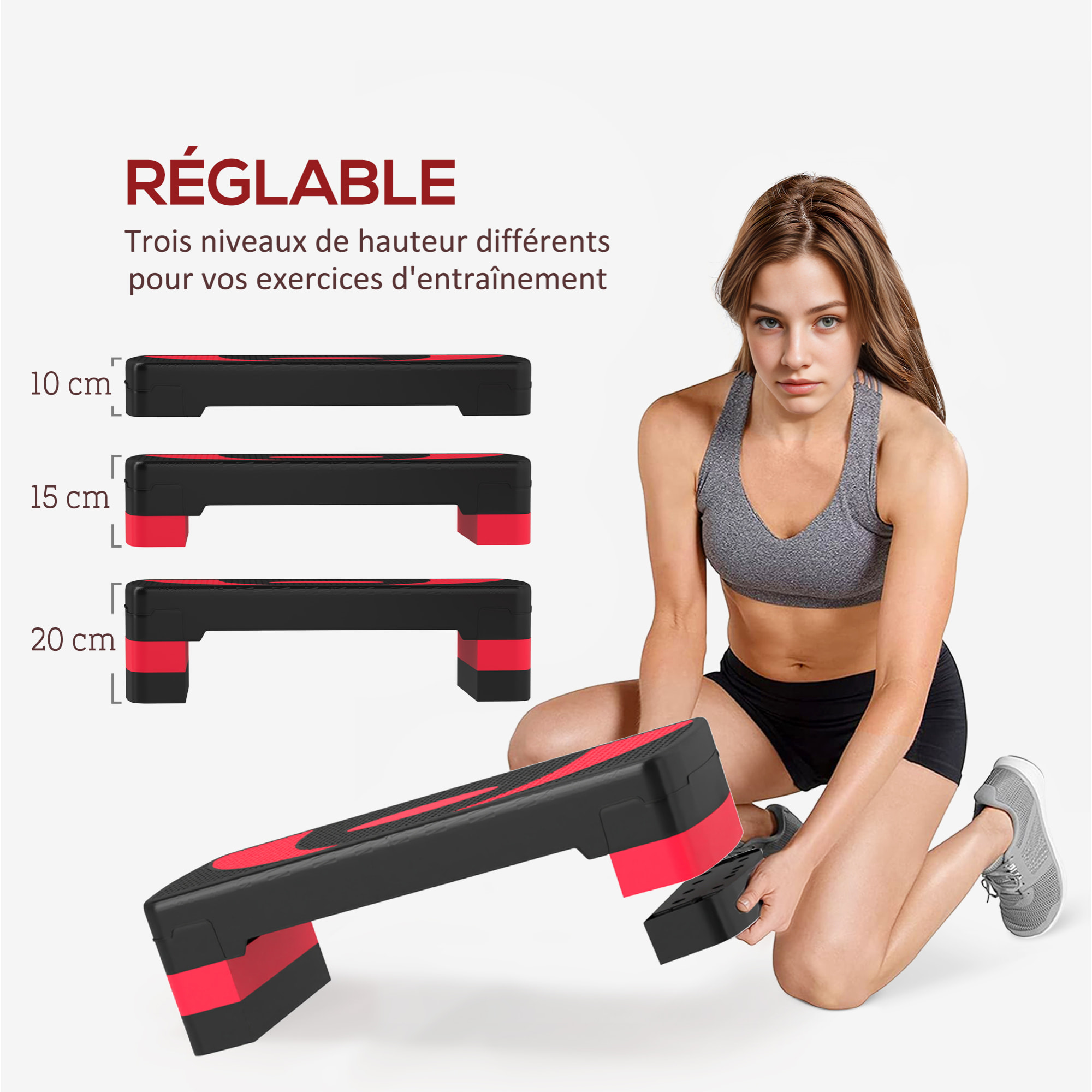 Stepper Fitness Aérobic hauteur réglable surface antidérapante 80 x 31 x 20 cm noir rouge