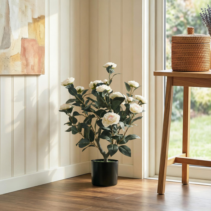 Planta Artificial de Camelia 65 cm, Árbol Artificial en Maceta con Flores de Seda Realistas, 116 Hojas y Efecto Musgo, Árbol Decorativo para Interior y Exterior, Ø15x65 cm, Blanco