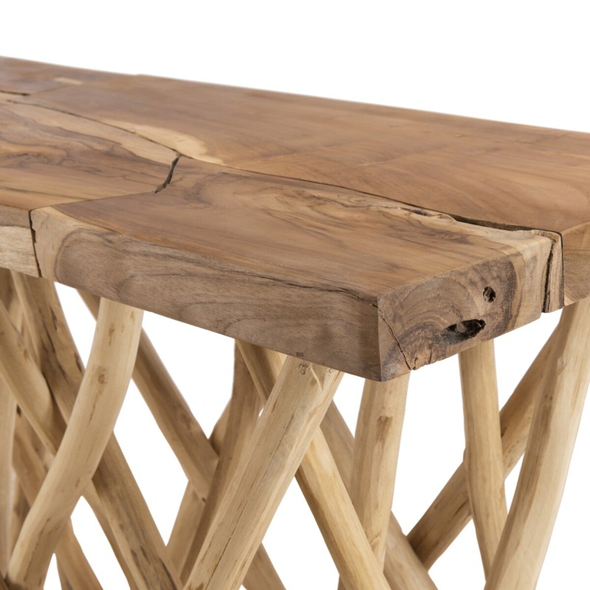 CLARA - Console bois nature plateau rectangulaire Teck - pieds bois flotté