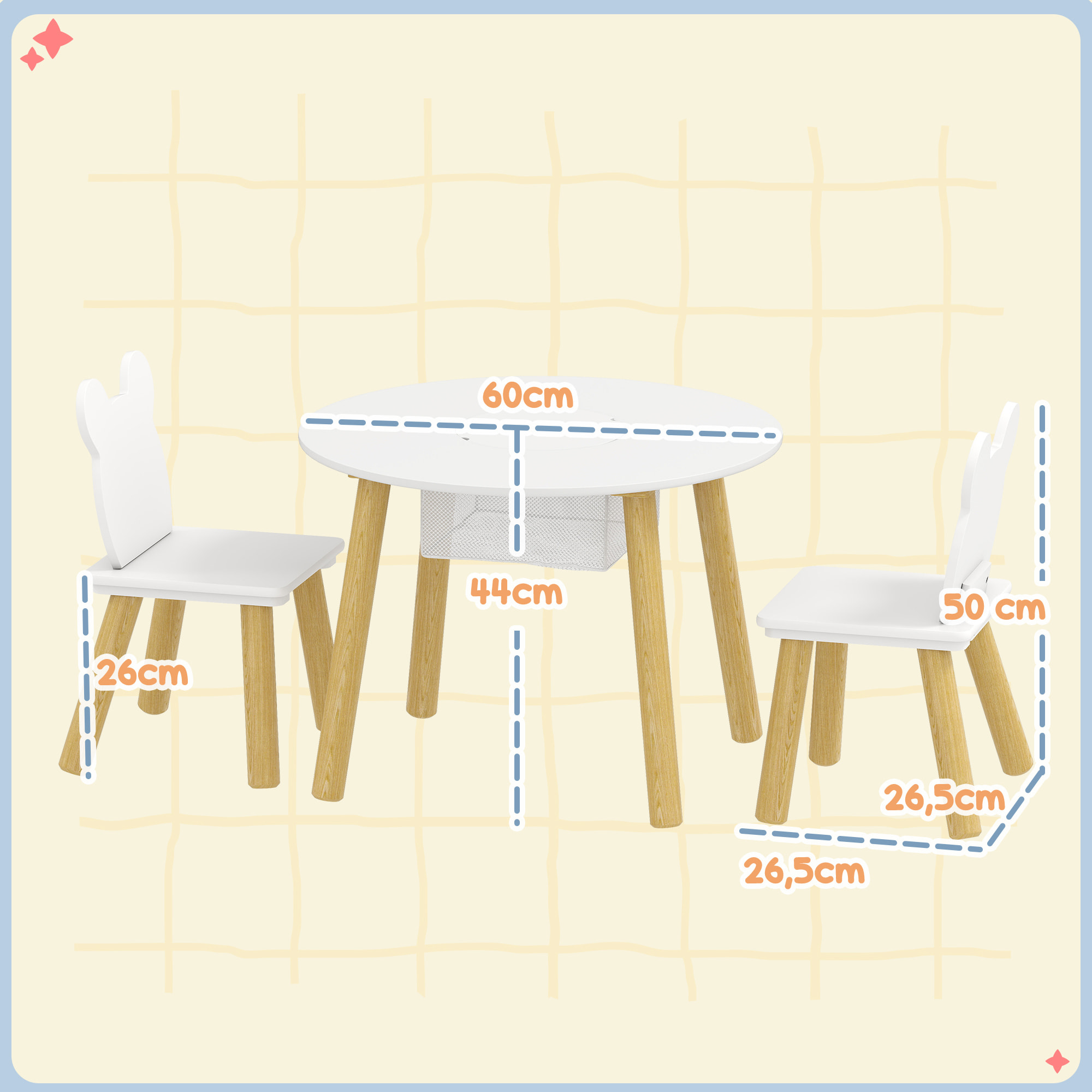 Ensemble table chaises enfant design ourson scandinave - rangement table intégré - blanc aspect bois