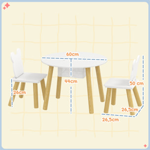 Ensemble table chaises enfant design ourson scandinave - rangement table intégré - blanc aspect bois
