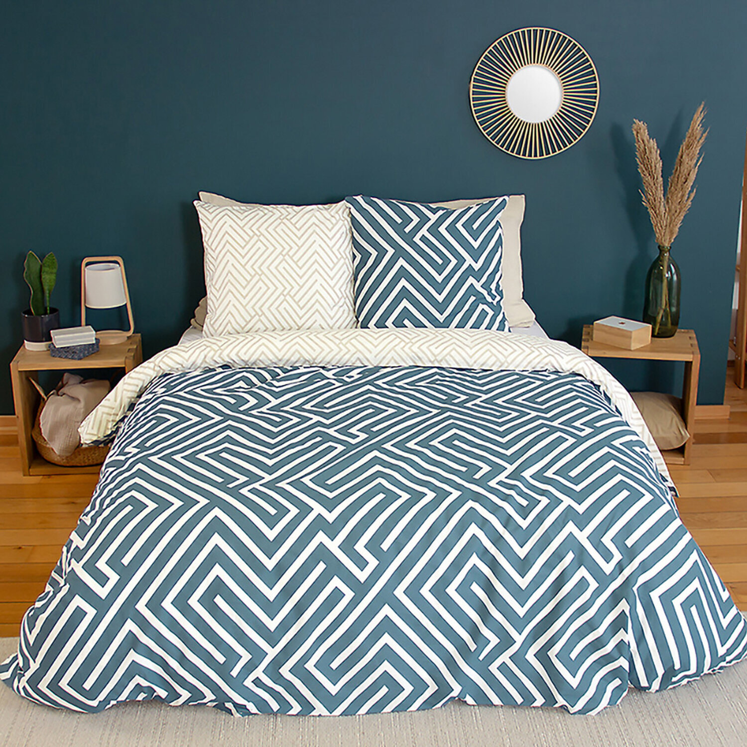 Parure de lit 100% coton motif parchemin - bleu