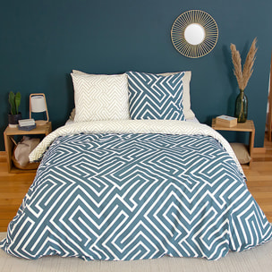 Parure de lit 100% coton motif parchemin - bleu