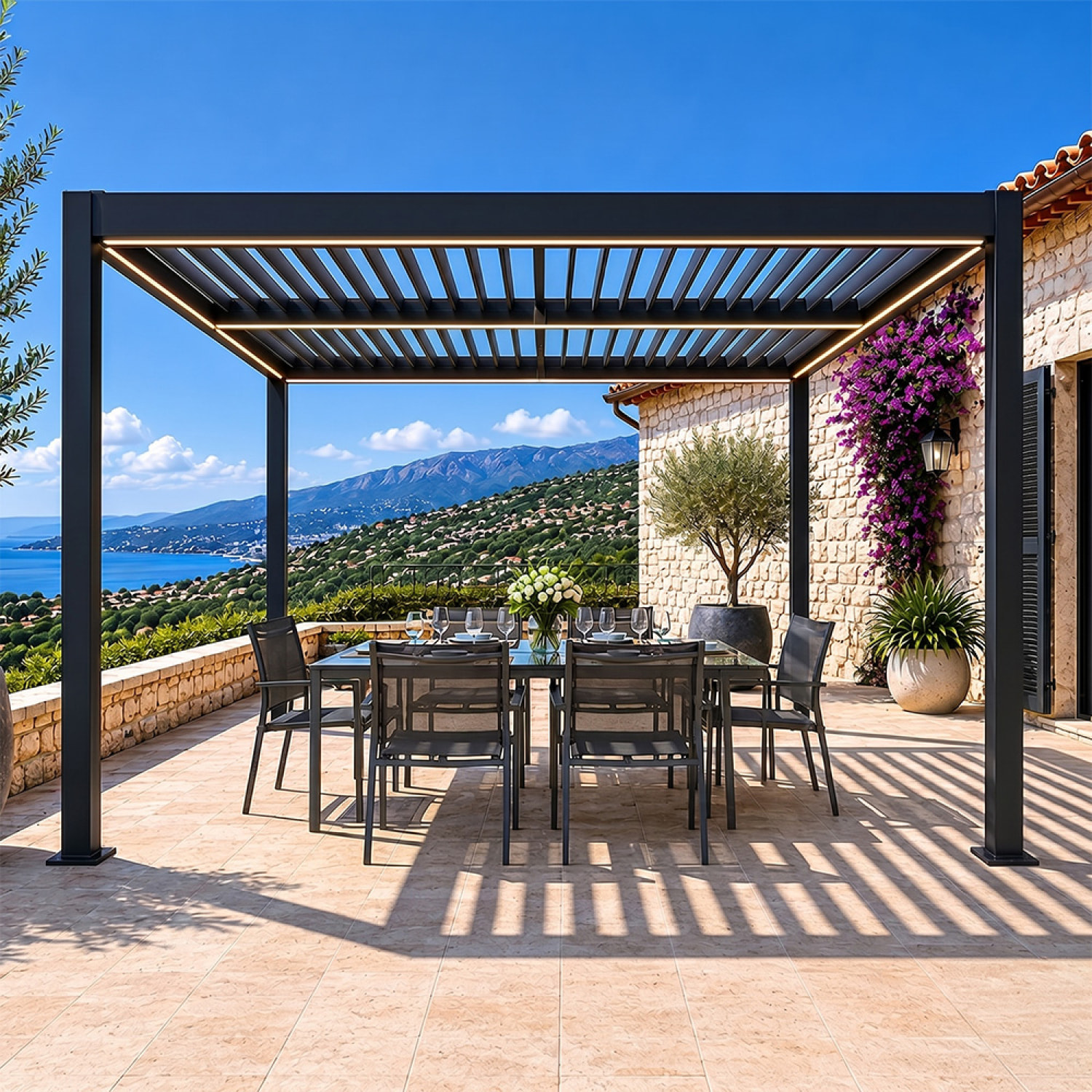 Pergola bioclimatique à LED 3x3m structure aluminium lames orientables MILL