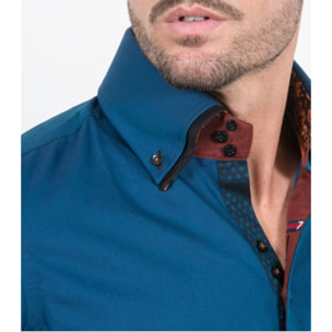 Camicia Uomo 3 Bottoni Button Down Doppio Collo Slim Satin RigaStretta Blu Seaport