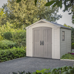 Factor 8x8 - Casetta da Giardino 256,50x243x255 cm 2 Ante per deposito attrezzi finitura effetto legno in Resina Beige