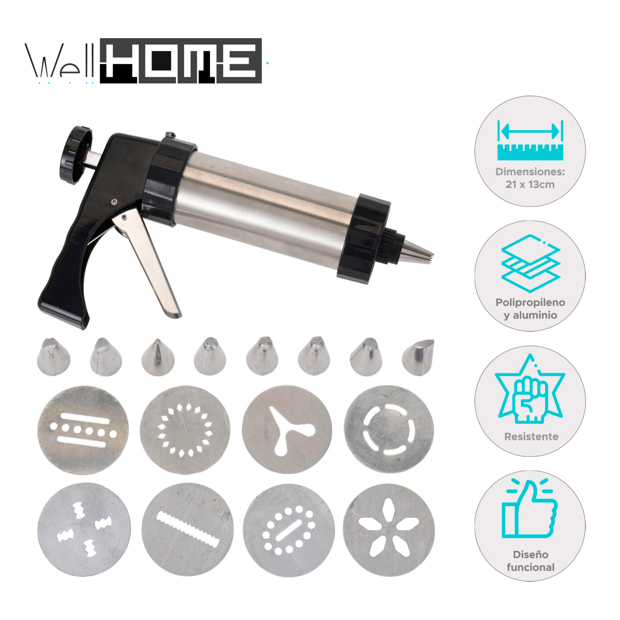 Prensa para galletas: juego de 17 piezas con discos y boquillas de glaseado - versátil y fácil de usar en aluminio y polipropileno