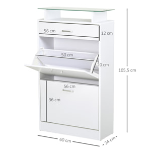 Armoire à chaussures organisateur de luxe pour chaussures 2 portes abattantes 2 compartiments, tiroir, étagère verre panneaux particules blanc