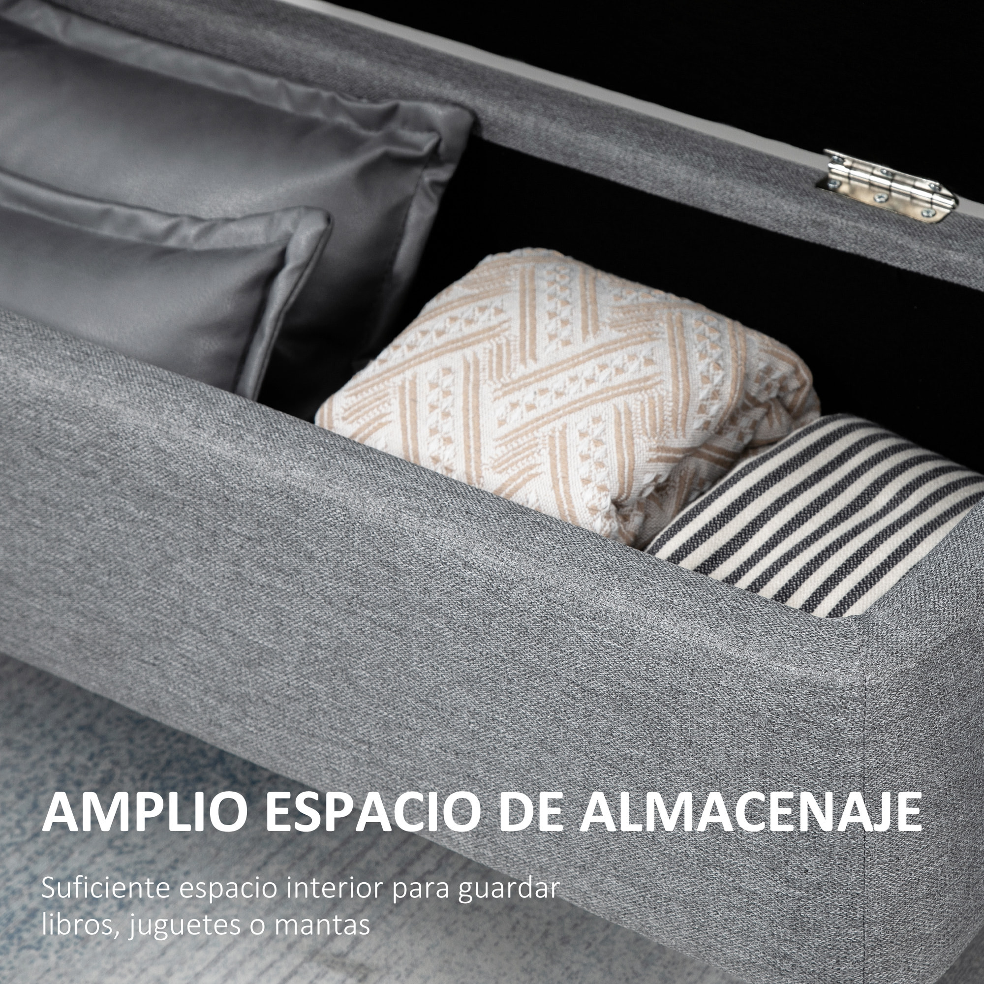 HOMCOM Banco de Almacenamiento Taburete de Almacenaje Tapizado en Lino con Tapa Abatible y Patas de Acero para Dormitorio Salón Entrada Carga 150 kg 102x40x39,5 cm Gris