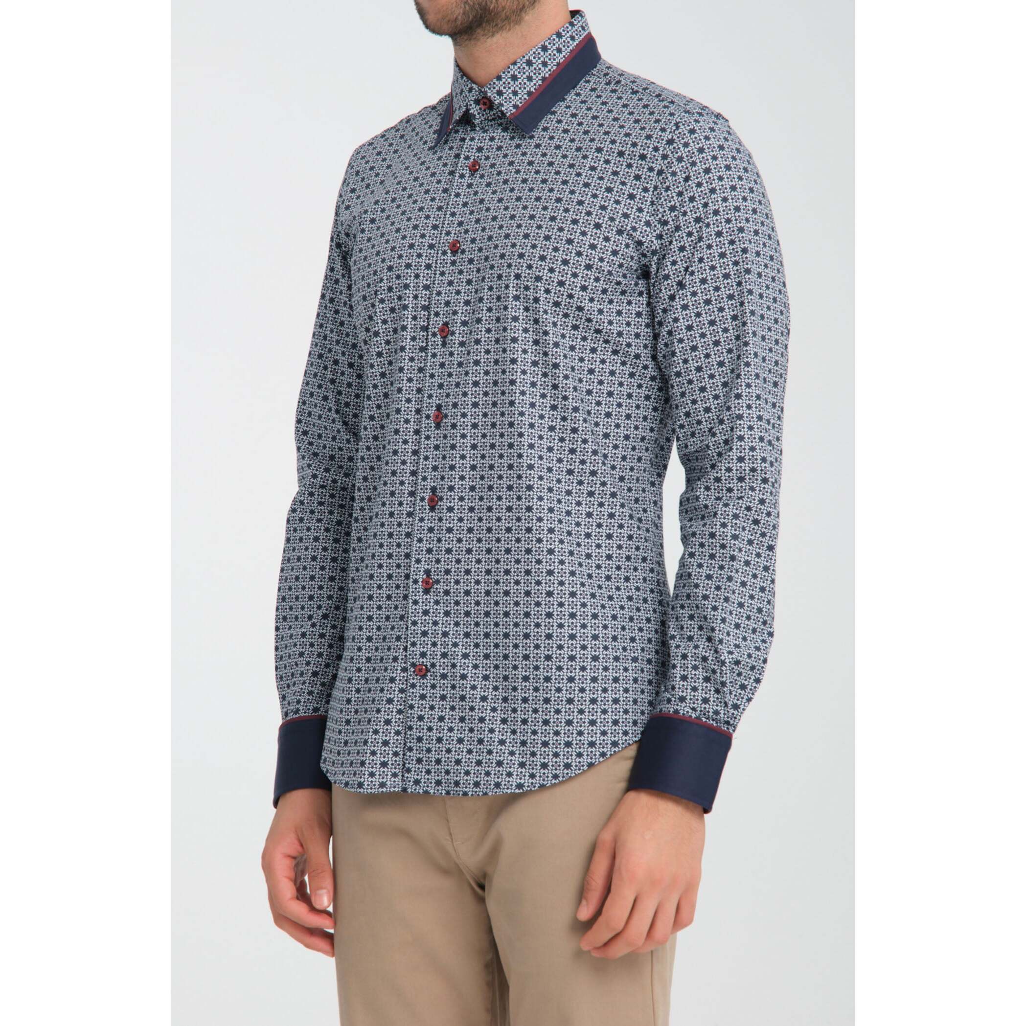 Camicia Uomo Italiano Slim Popeline Stretch Stampato Blu\Bianco