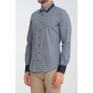 Camicia Uomo Italiano Slim Popeline Stretch Stampato Blu\Bianco