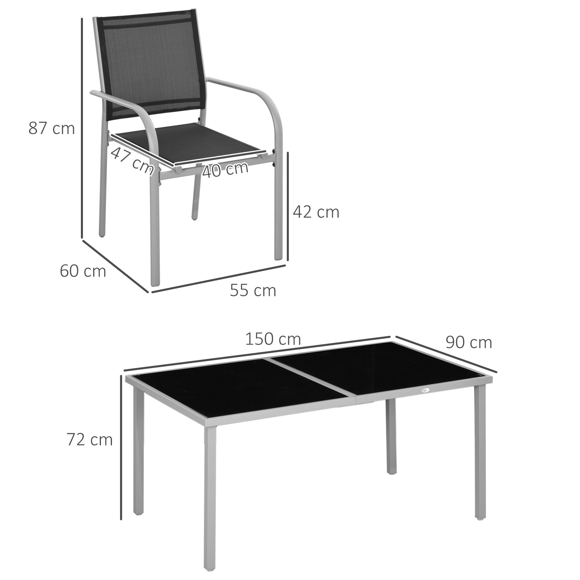 Ensemble de jardin 6 personnes chaises empilables table à manger dim. 150L x 90l x 72H cm plateau verre acier époxy textilène noir