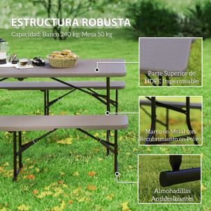 Conjunto de Camping Plegable de 3 Piezas Mesa Plegable Camping con Bancos Incluye 1 Mesa 180x74x74 cm y 2 Bancos Efecto Madera Impermeable para Acampadas Jardín Pícnic Marrón