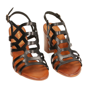 Sandalias de piel de vacuno negras, tacón de 8 cm