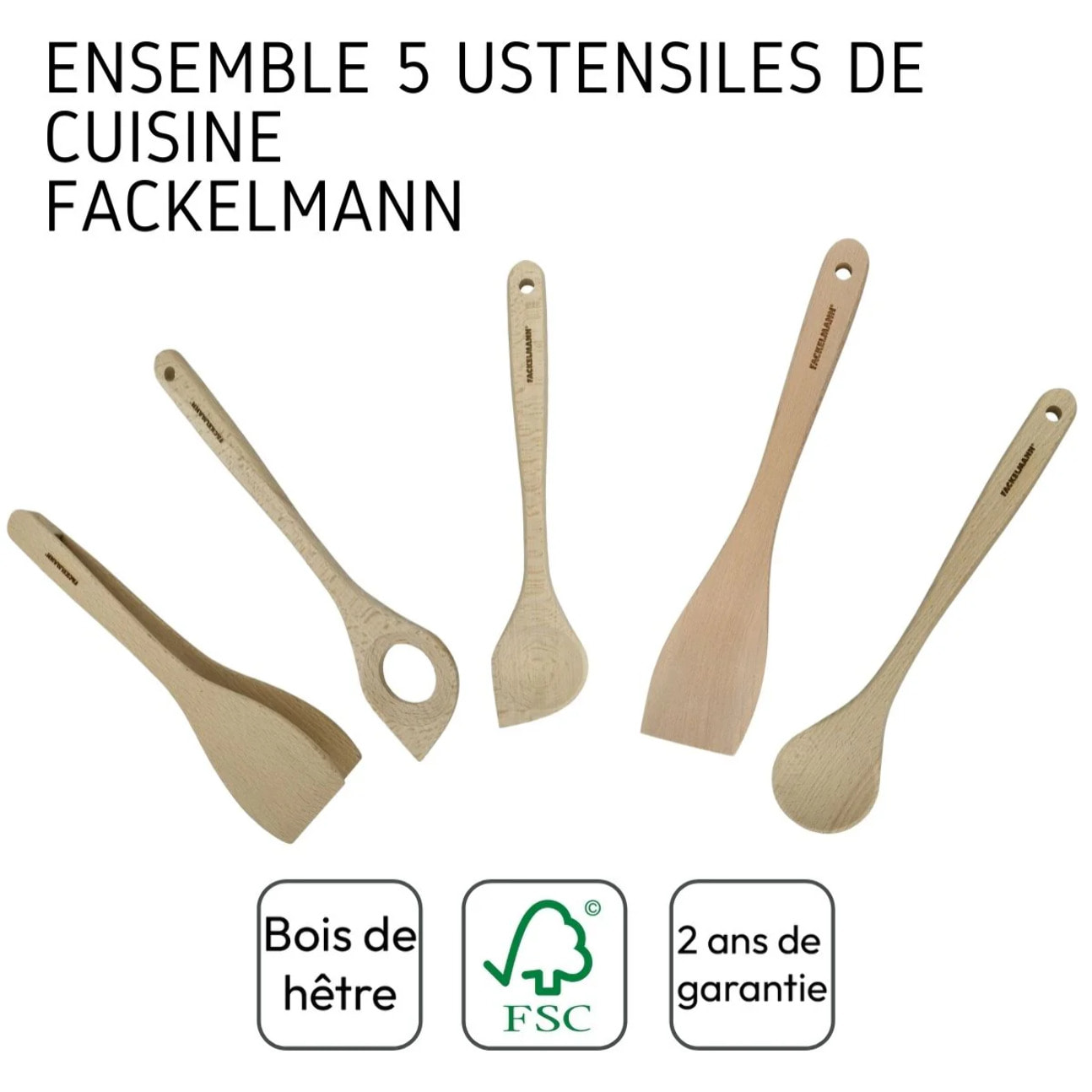 Ensemble de pince, spatule et cuillères en bois FSC Fackelmann Nature