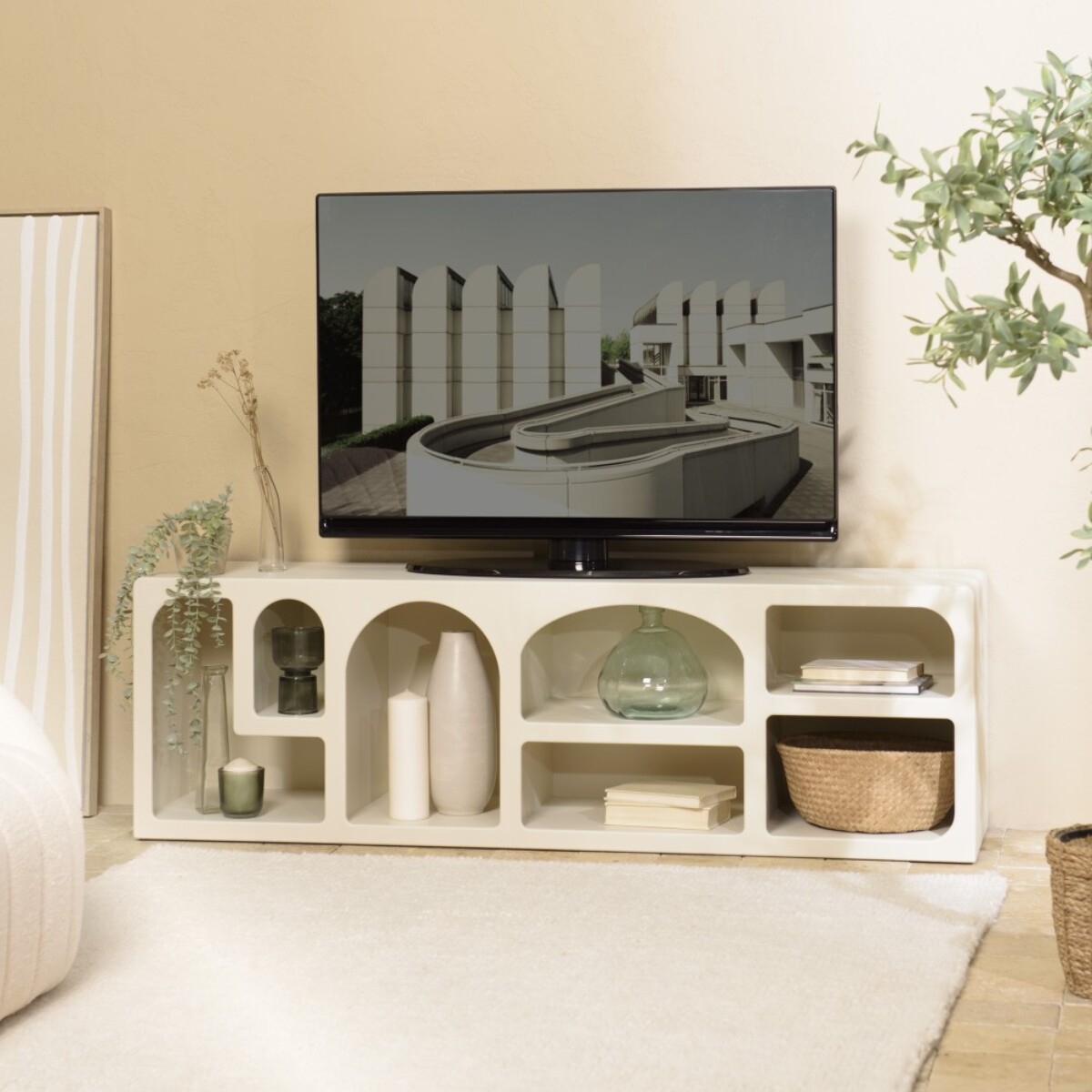 HELENA - Meuble TV 7 niches 160x40cm en bois peint couleur beige