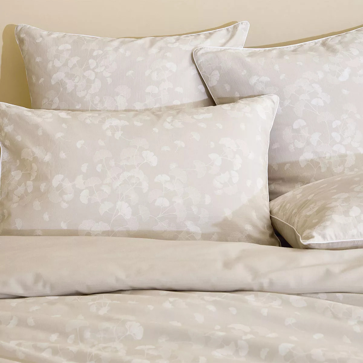 Housse de couette pur coton lavé imprimé beige Souffle de ginkos naturel