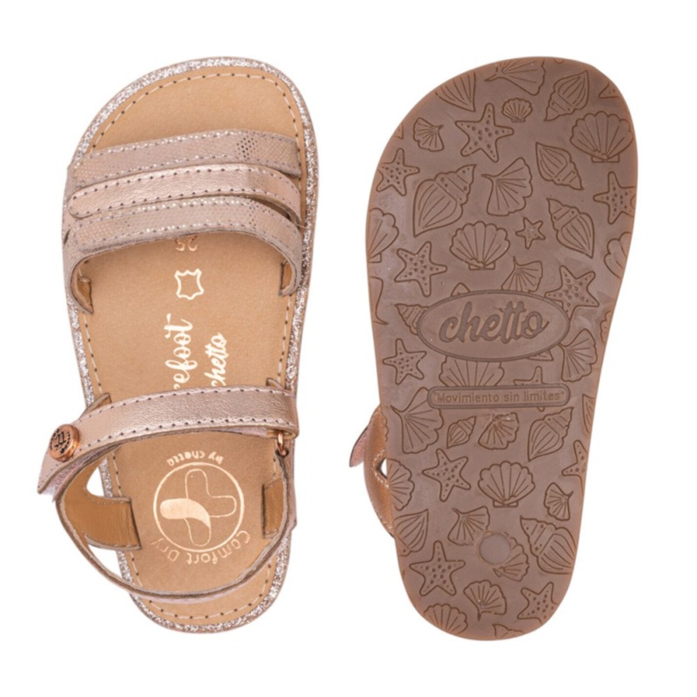 SANDALIA BAREFOOT PIEL CHETTO TIRAS METALIZADAS ORO ROSADO