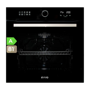 EVVO Horno H30 Pyro, 81L, clase A, 11 programas, pirólisis, display táctil digital, temporizador, puerta triple cristal, negro.