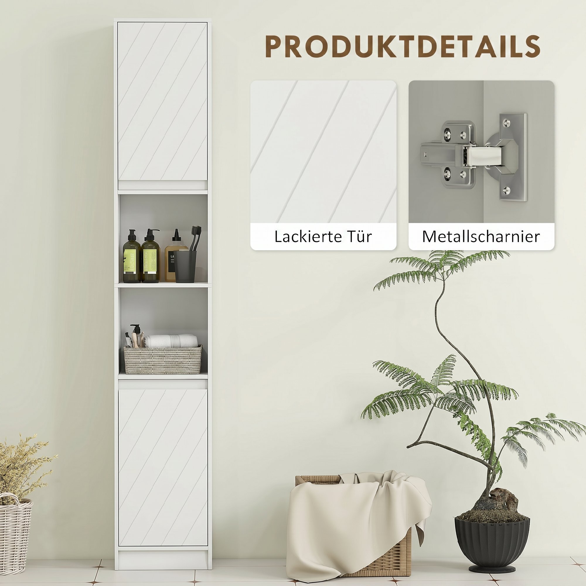 Armario de Baño Alto, Columna de Baño Estrecha con 2 Puertas y 2 Estantes Abiertos, para Espacios Pequeños, 30x24x170 cm, Blanco
