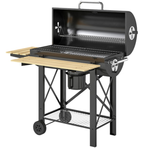 Barbecue smocker mobile acier bois 2 tablettes rabattables étagère noir