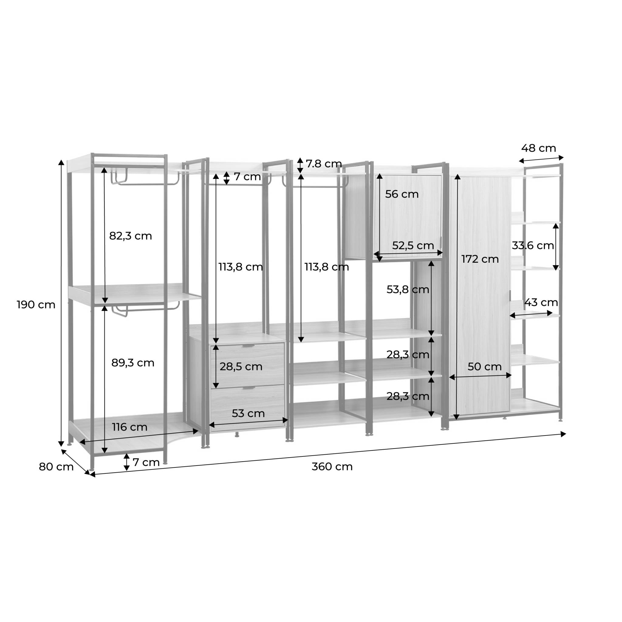 Kit dressing modulable noir avec 5 éléments. L 360 x P 48 x H 190