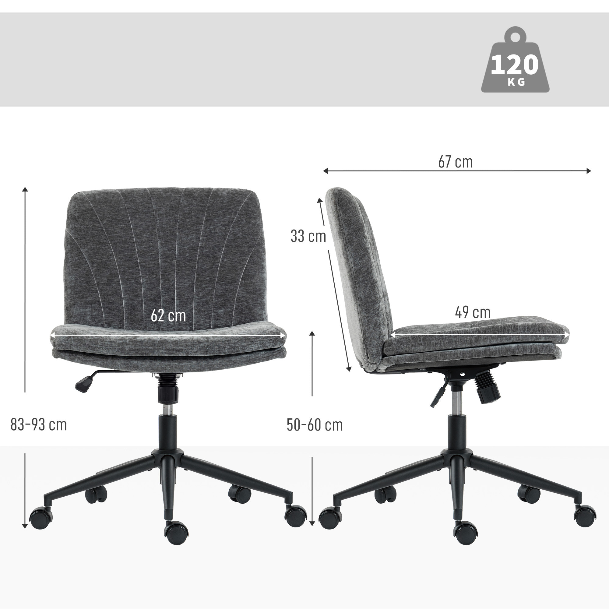 Silla de Oficina Piernas Cruzadas, Silla de Escritorio con Asiento Ancho, sin Reposabrazos, Ruedas, Altura Ajustable, Giratoria, Función Basculante, Tapizada en Chenilla, Gris