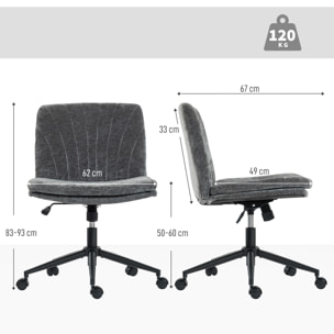 Silla de Oficina Piernas Cruzadas, Silla de Escritorio con Asiento Ancho, sin Reposabrazos, Ruedas, Altura Ajustable, Giratoria, Función Basculante, Tapizada en Chenilla, Gris